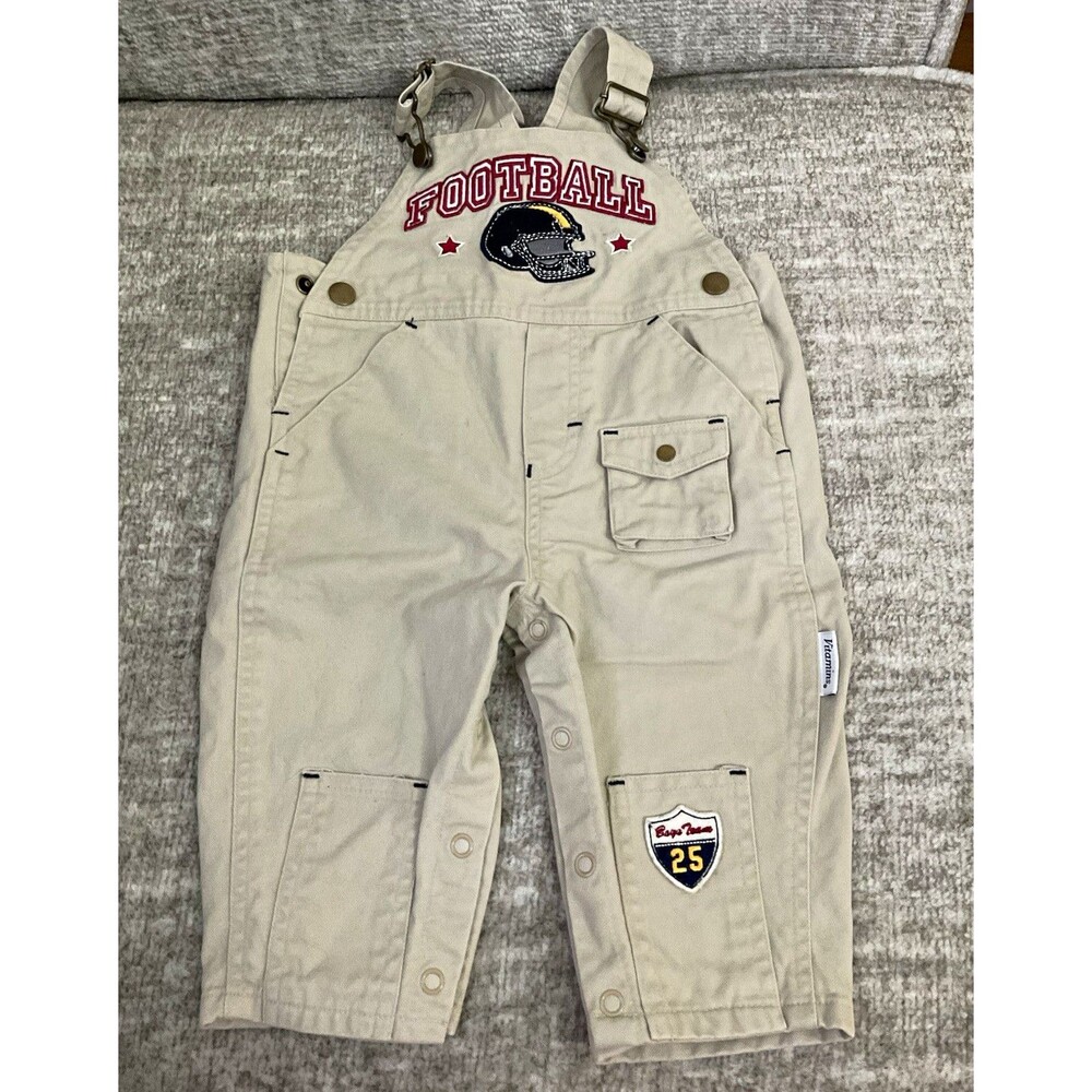 Vitamins Kids Boys 12M Beige Denim Football Embroidered Snap Overalls